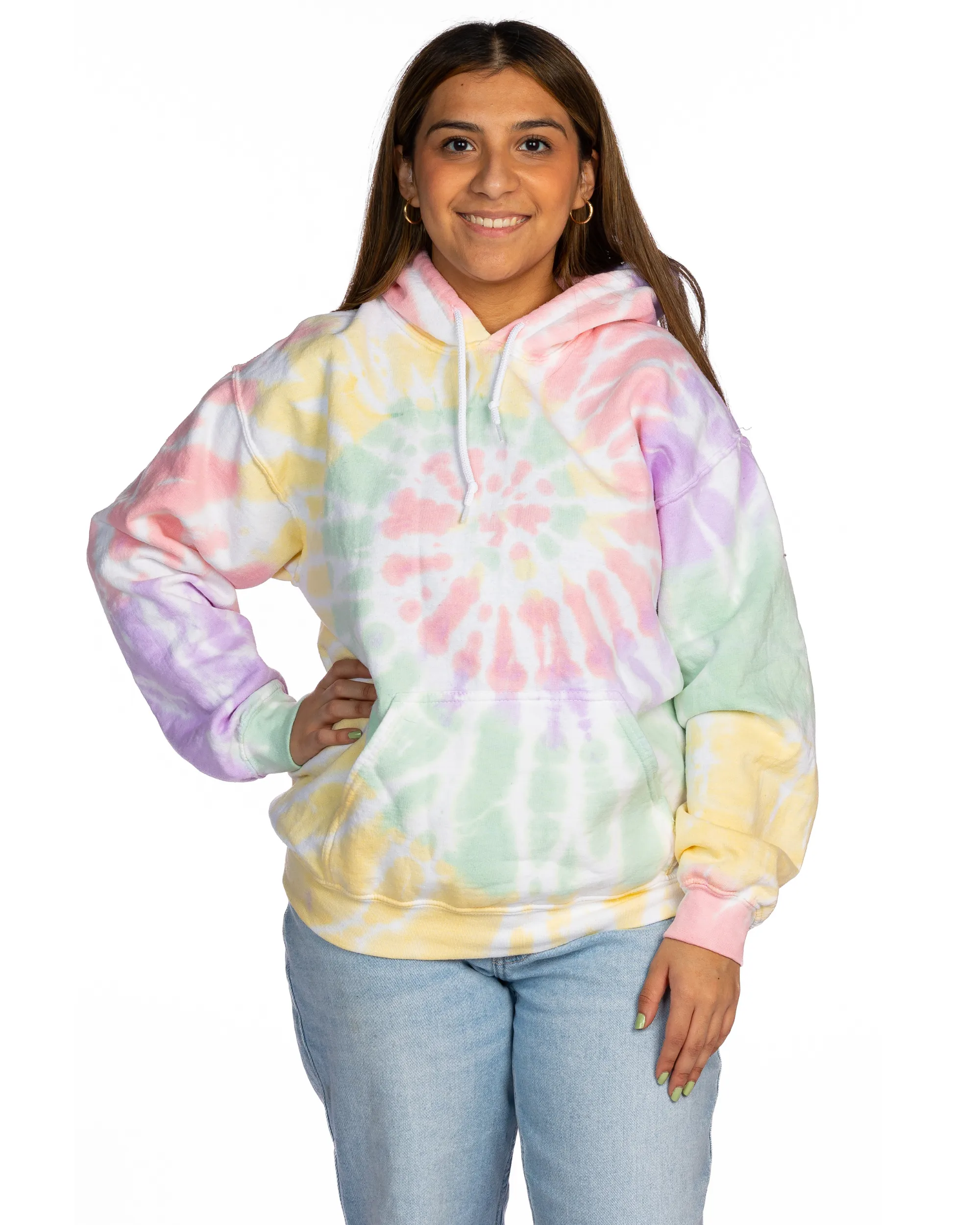 Tie Dye Essential Fleece Hoodie - Hazy Rainbow Spiral