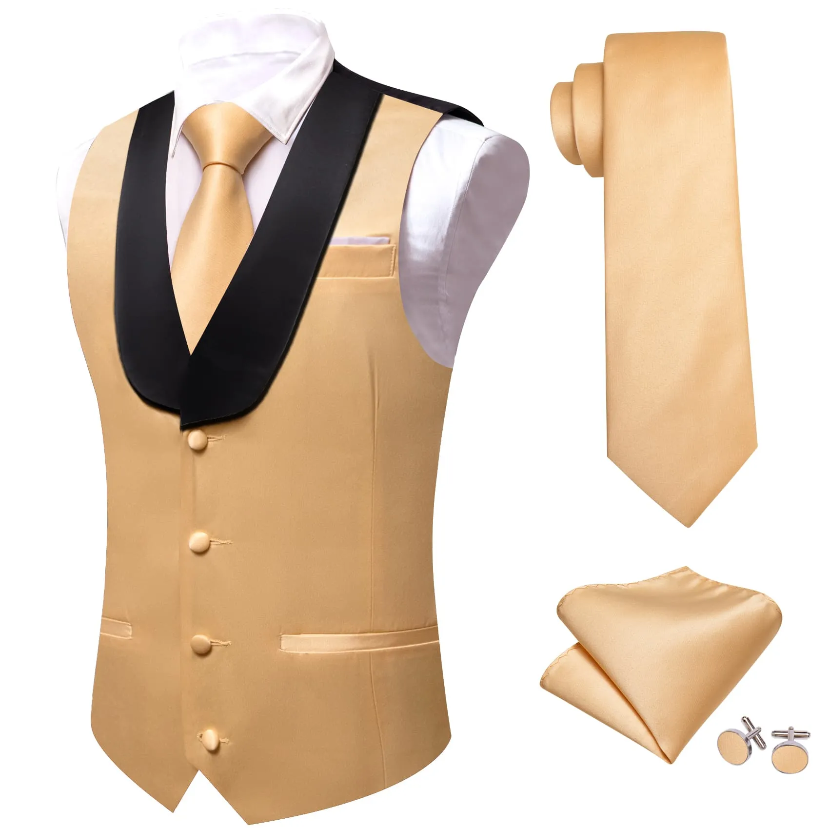 Ties2you Work Vest Champagne Solid Shawl Collar Button Men's Vest Tie Set