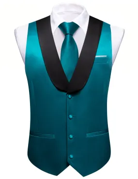 Ties2you Work Vest Deep Teal Blue Solid Shawl Collar Button Mens Vest Tie Set