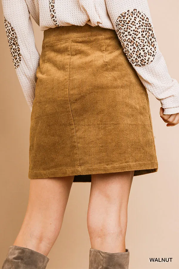 Umgee high waist corduroy A-line button front skirt with pockets