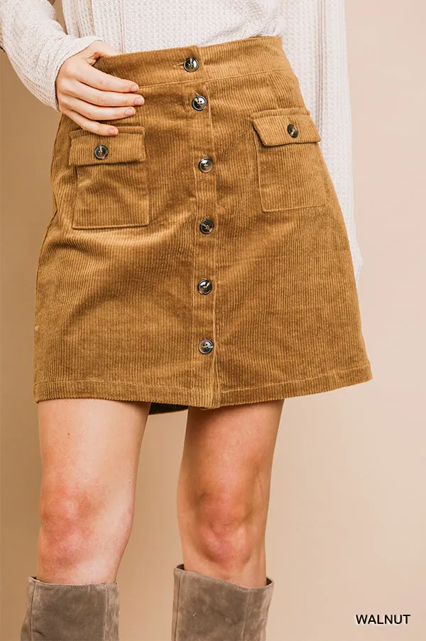 Umgee high waist corduroy A-line button front skirt with pockets