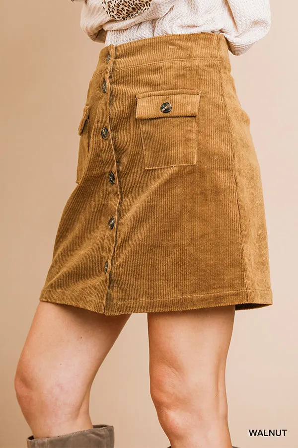 Umgee high waist corduroy A-line button front skirt with pockets