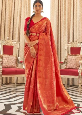 Vermilion Red Zari Woven Kanjivaram Silk Saree with Tassels on Pallu