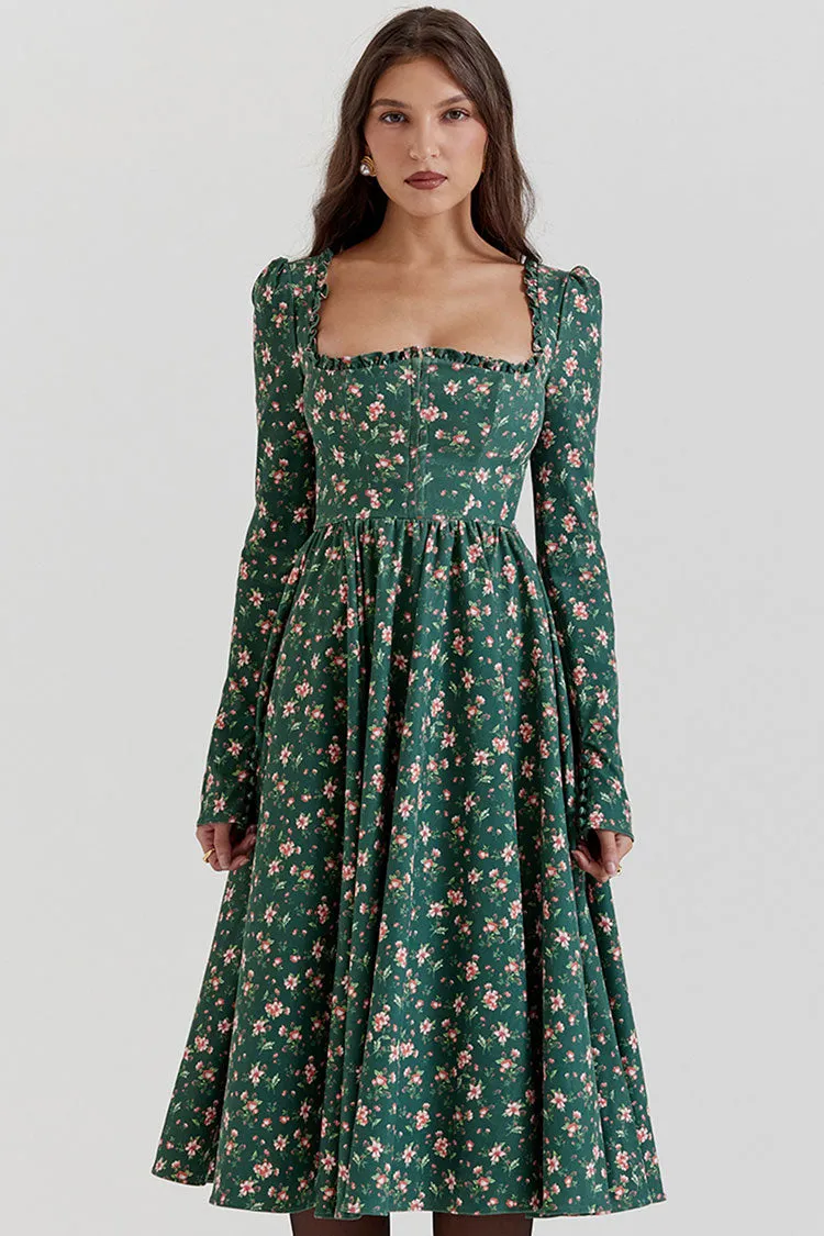 Vintage Ruffled Square Neck Puff Sleeve Fit & Flare Floral Printed Midi Dress - Emerald Green