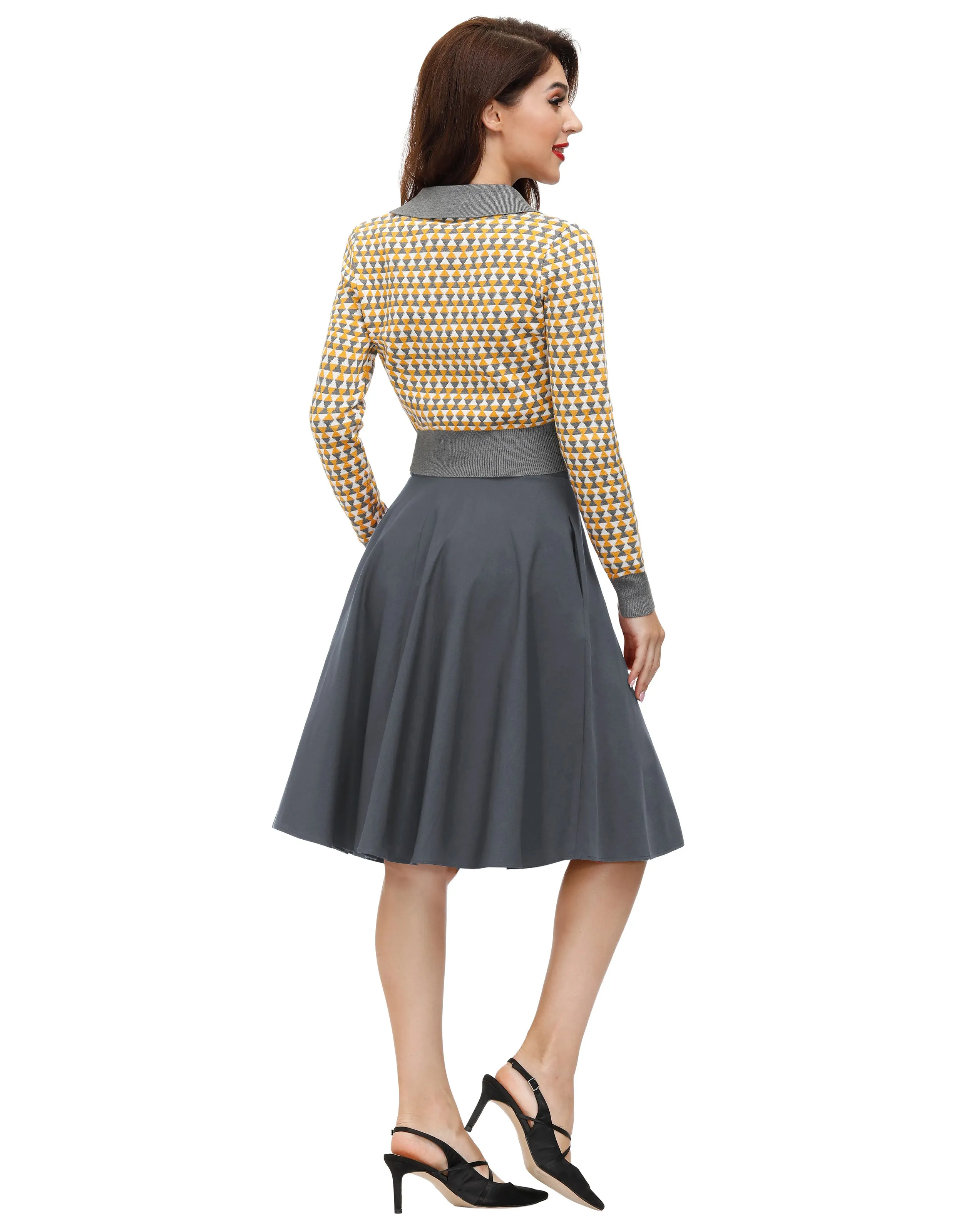 Vintage Stretch High Waist A-Line Flared Midi Skirts with Pockets & Belts