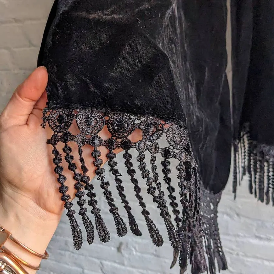 Vintage Velvet Fuzzy Witchy Earthy Grunge Black Scarf Spiderweb Lace Shawl Wrap