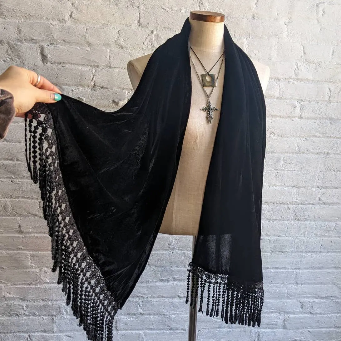 Vintage Velvet Fuzzy Witchy Earthy Grunge Black Scarf Spiderweb Lace Shawl Wrap