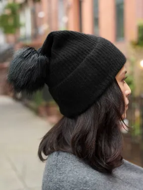 White   Warren - Cashmere Turnback Ribbed Beanie with Pom in Black/Black