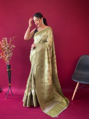 Winter Hazel Green Saree in Banarasi Silk Woven with Floral Prints