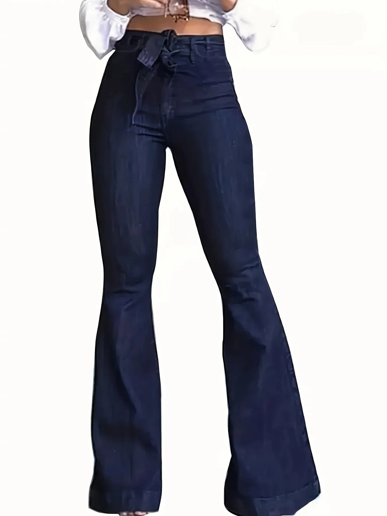 Women Fashion Blue Denim High-Stretch Bell Bottom Wide Legs Denim Pants Women Solid Color High Waist Flare Jeans