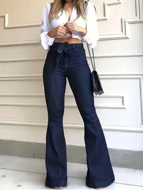 Women Fashion Blue Denim High-Stretch Bell Bottom Wide Legs Denim Pants Women Solid Color High Waist Flare Jeans