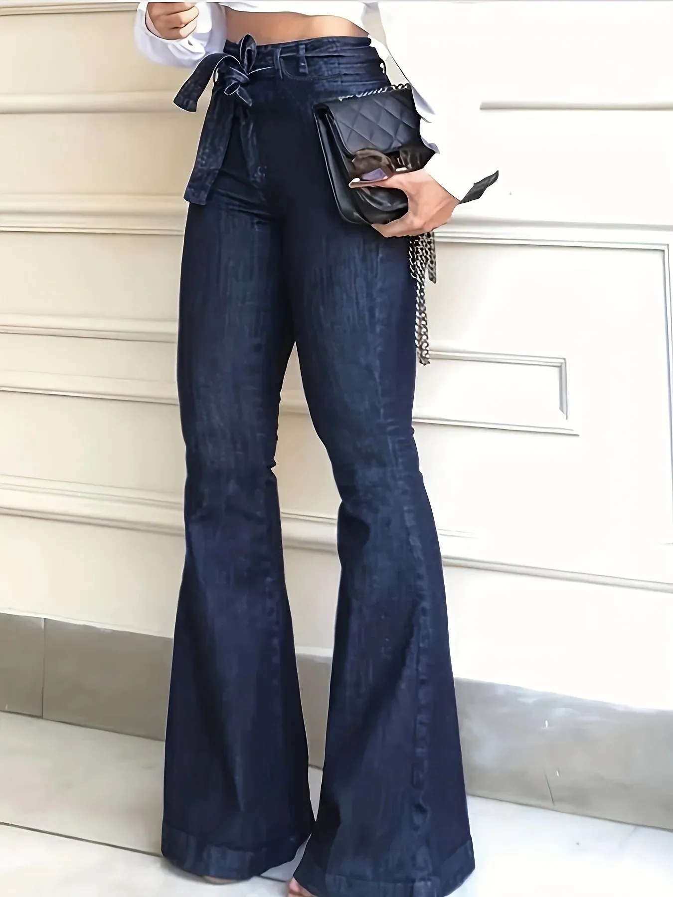 Women Fashion Blue Denim High-Stretch Bell Bottom Wide Legs Denim Pants Women Solid Color High Waist Flare Jeans