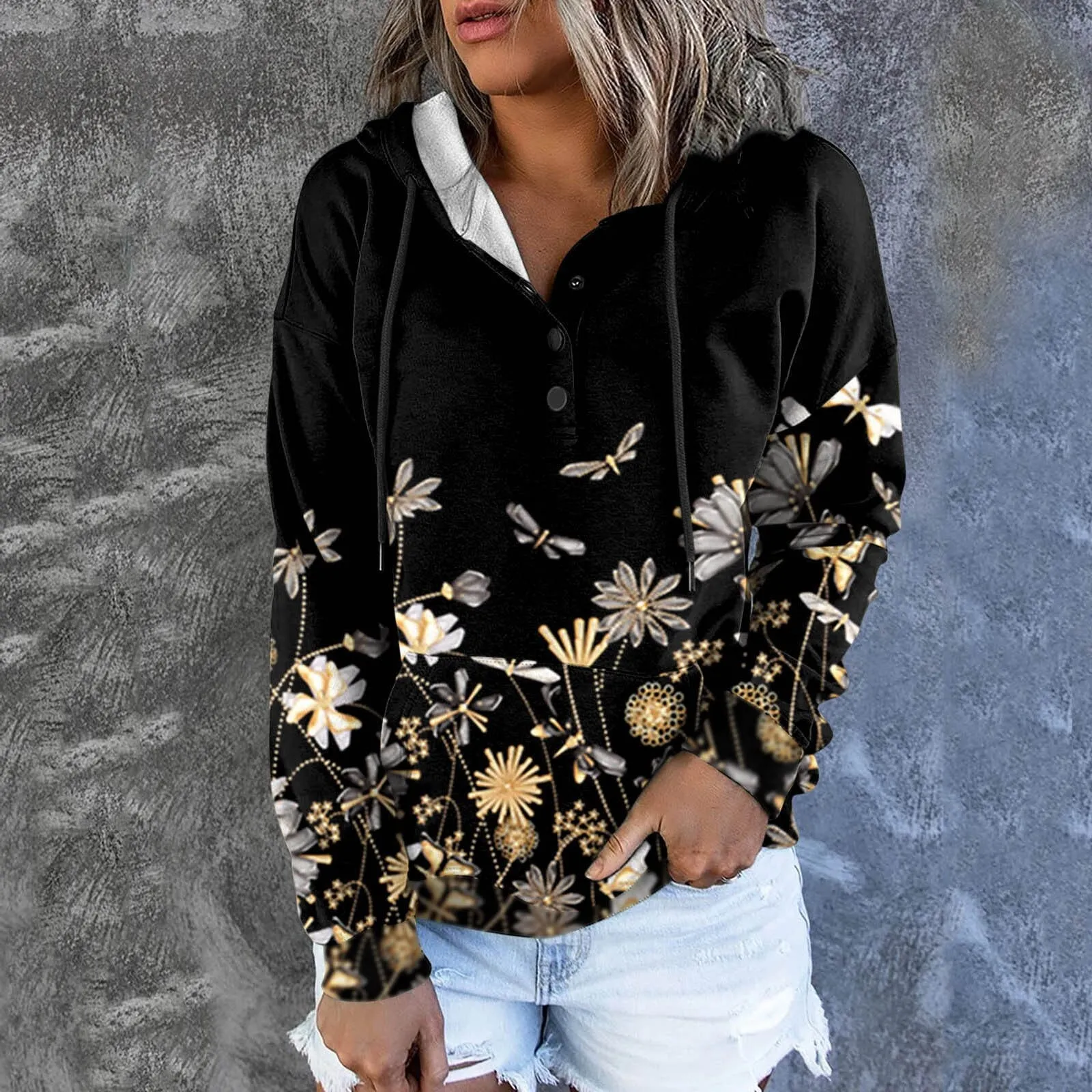 Women Floral Print Casual Warm Hoodies