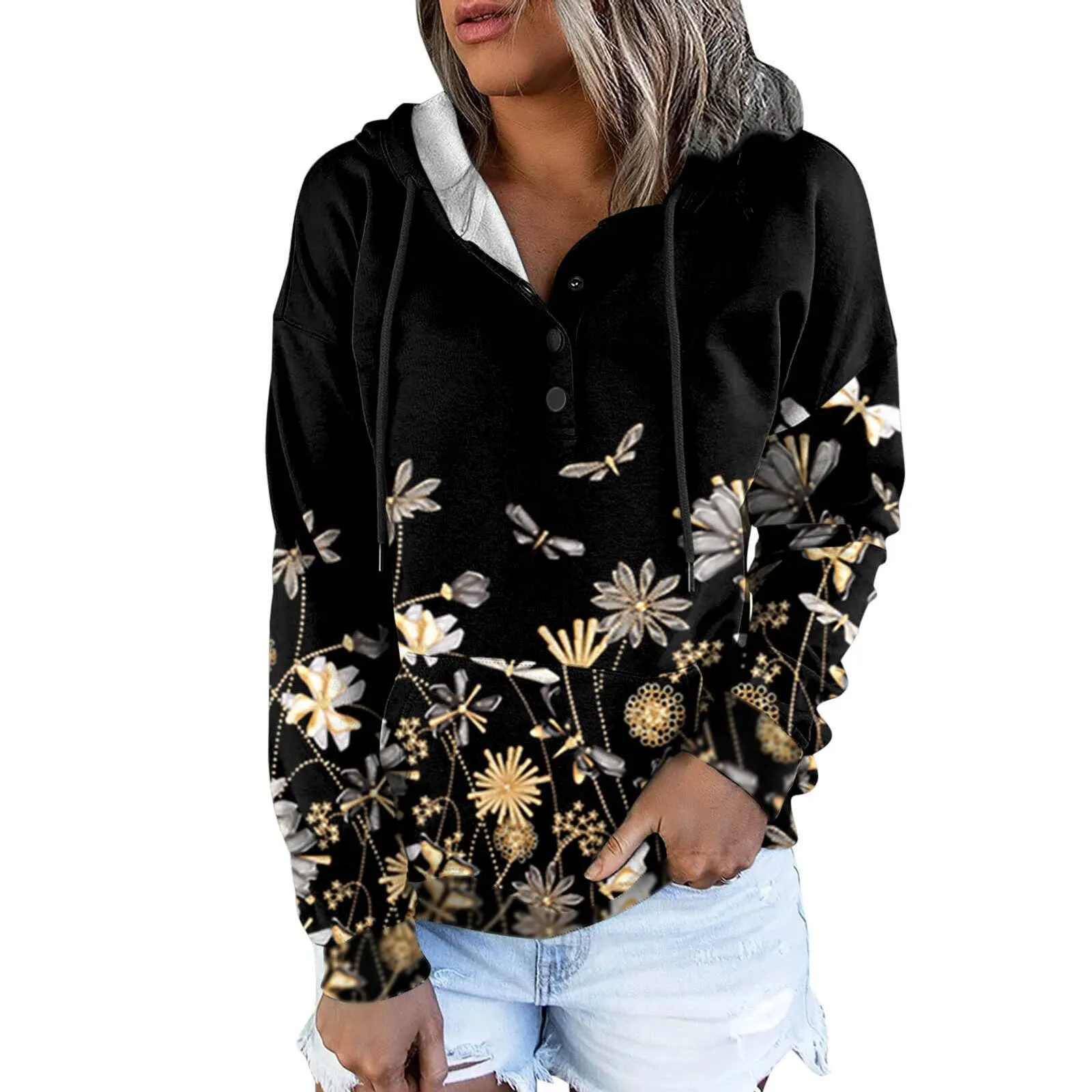 Women Floral Print Casual Warm Hoodies