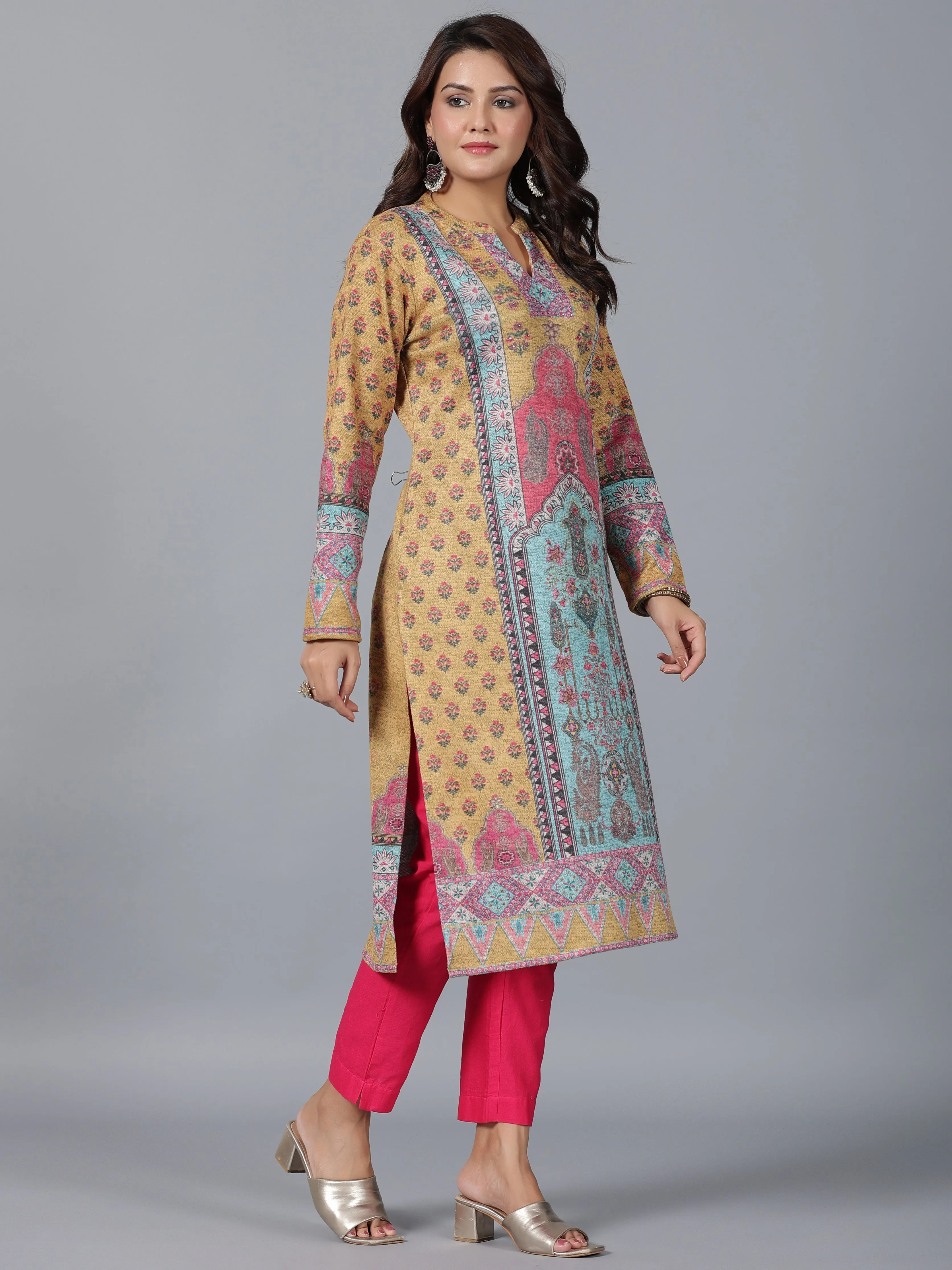 Women Mustard Printed Woolen Straight Kurta