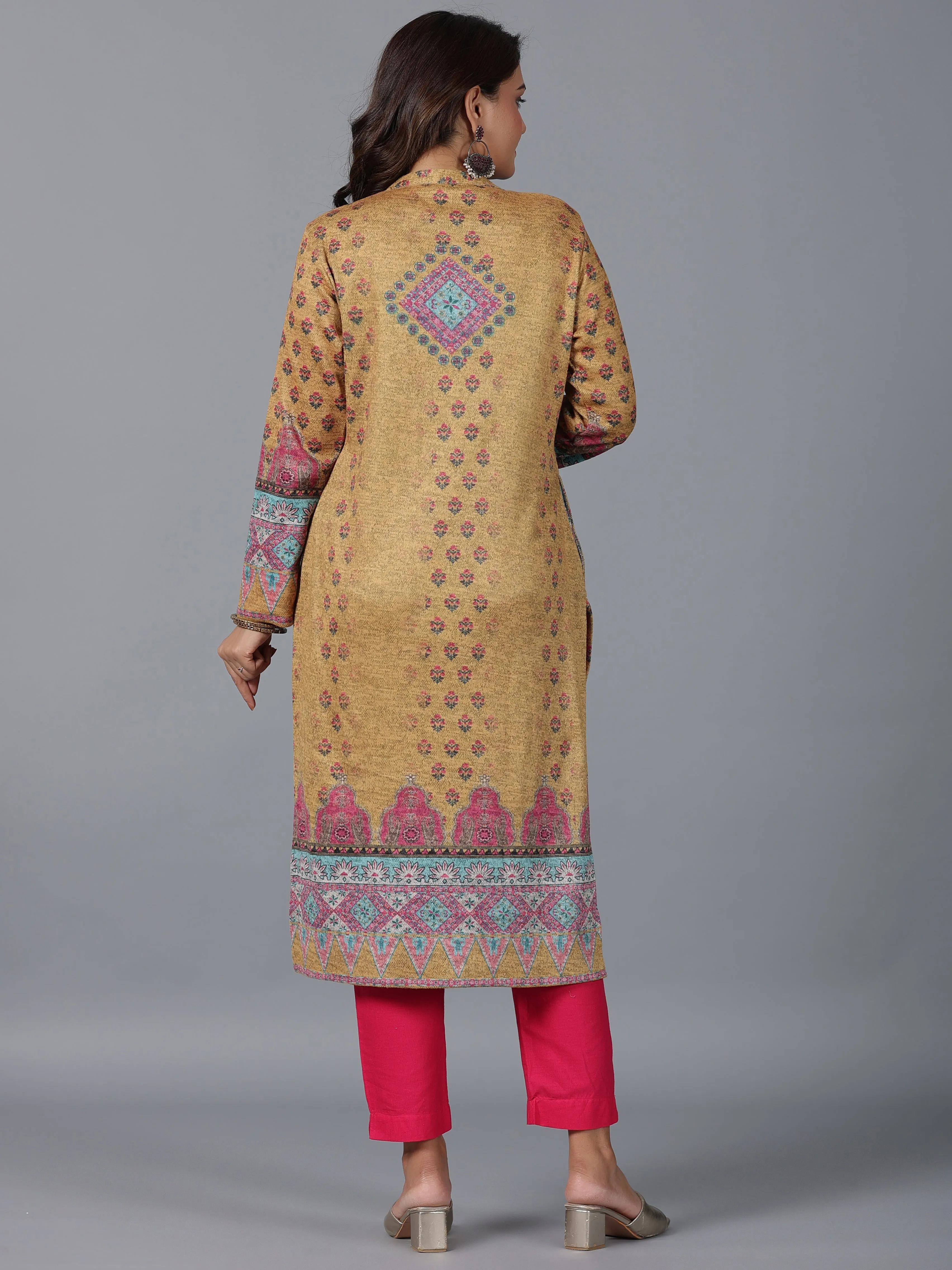 Women Mustard Printed Woolen Straight Kurta