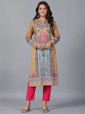 Women Mustard Printed Woolen Straight Kurta