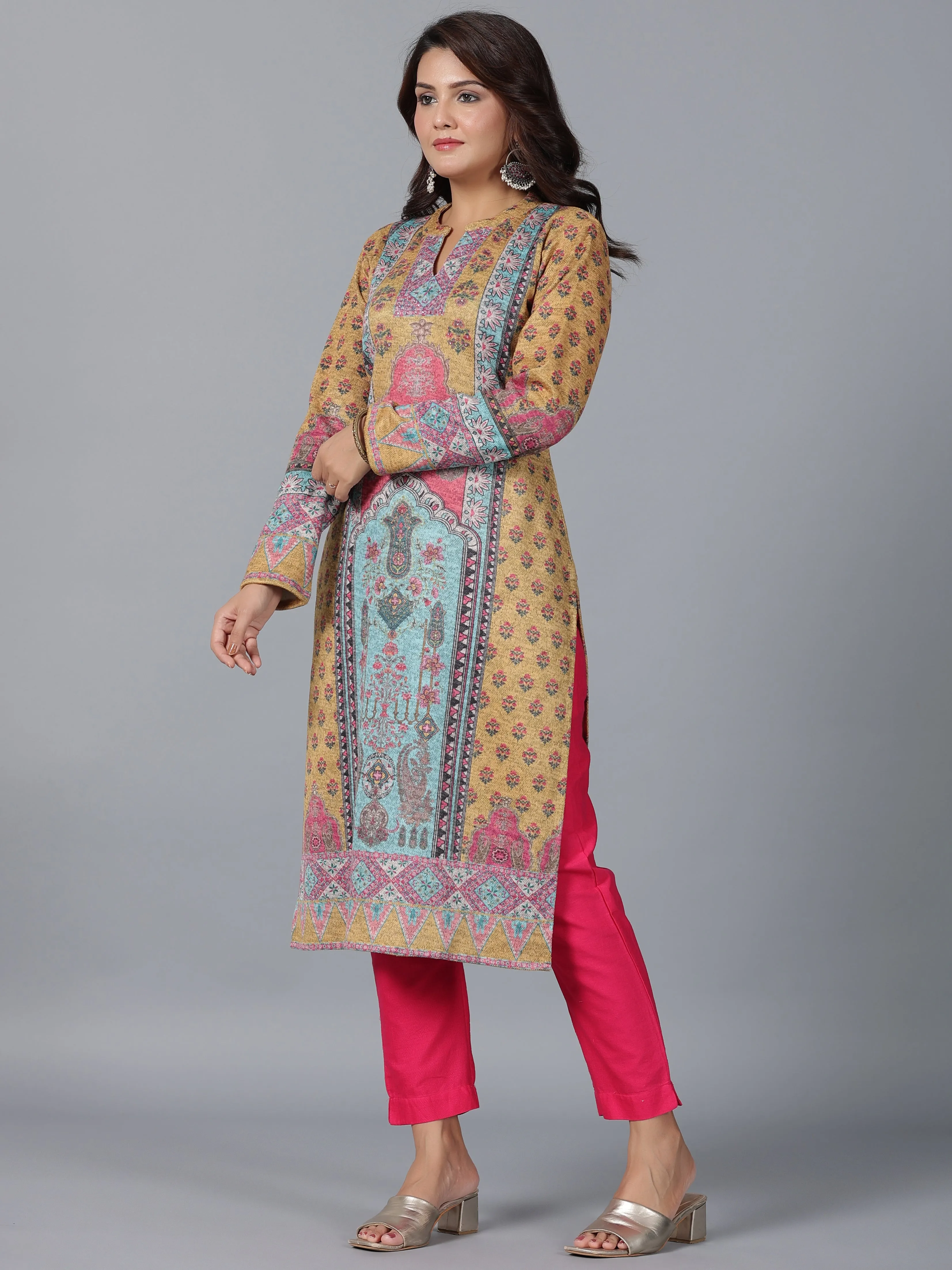 Women Mustard Printed Woolen Straight Kurta