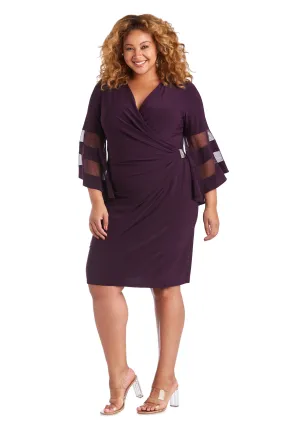 Women Plus Size Flattering Knee-Length Wraparound Dress with Bell-Sleeves