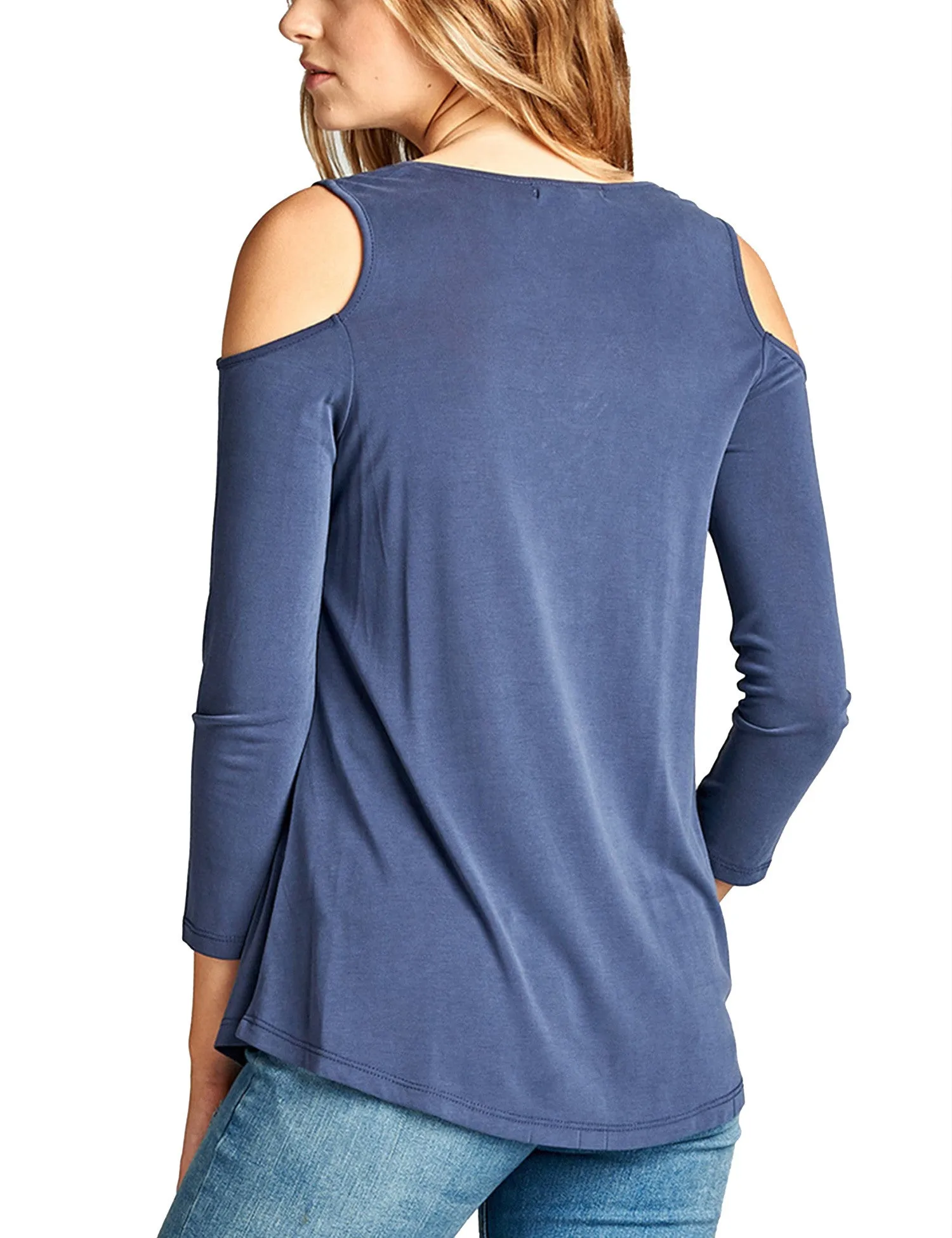 Womens 3/4 Sleeve Round Neck Open Shoulder Lace-Up Sandwashed Modal Jersey Top