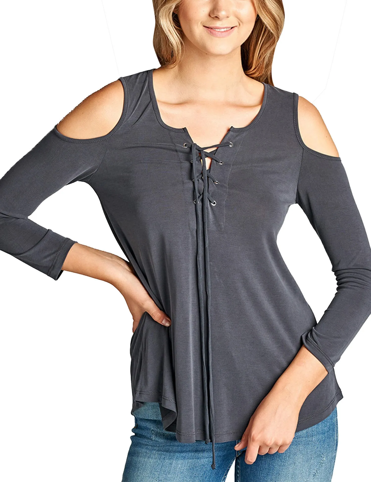 Womens 3/4 Sleeve Round Neck Open Shoulder Lace-Up Sandwashed Modal Jersey Top