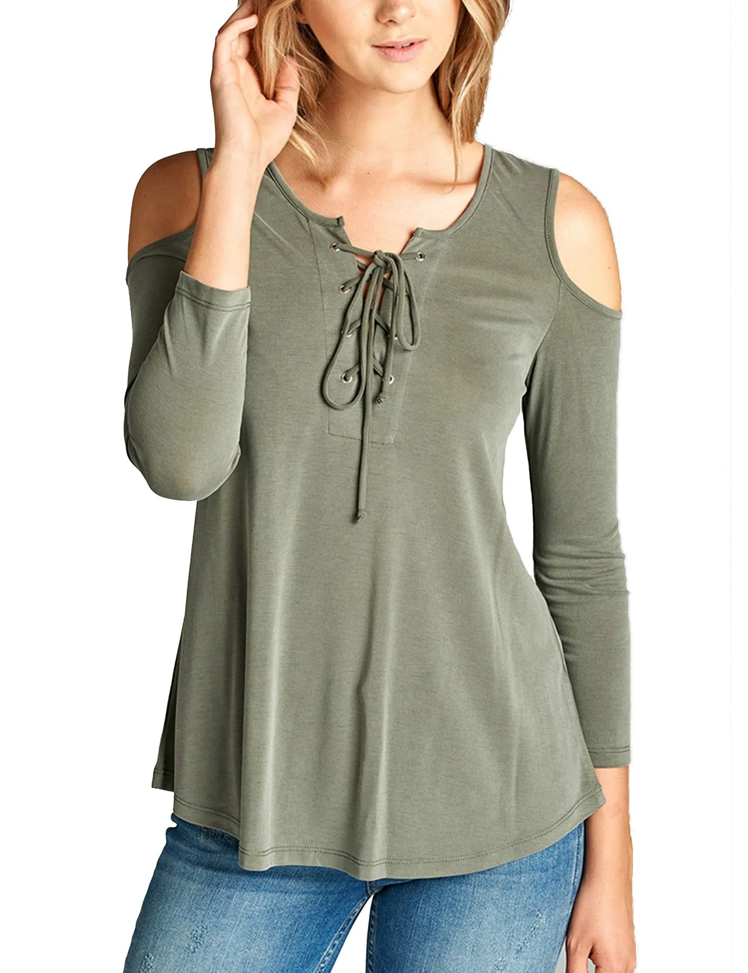 Womens 3/4 Sleeve Round Neck Open Shoulder Lace-Up Sandwashed Modal Jersey Top