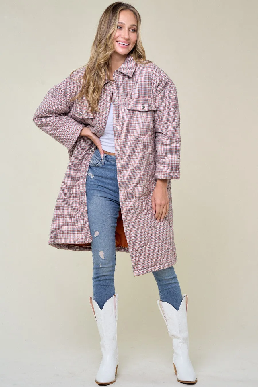 Women's Onion Quilted Checker Cotton Padded Long Coat