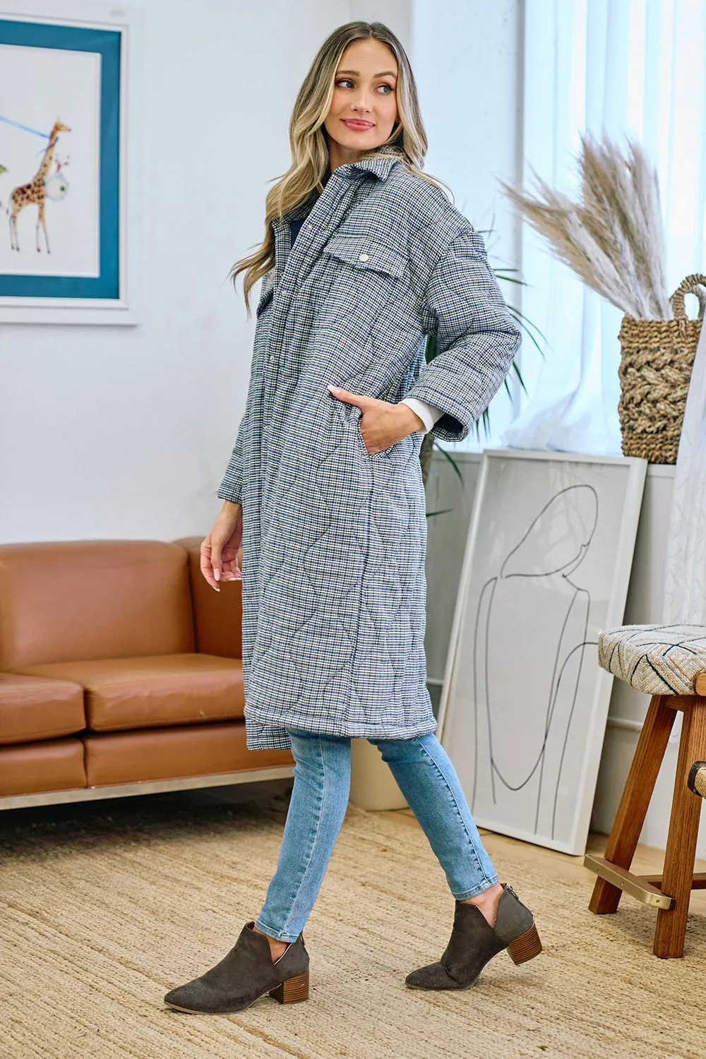 Women's Onion Quilted Checker Cotton Padded Long Coat