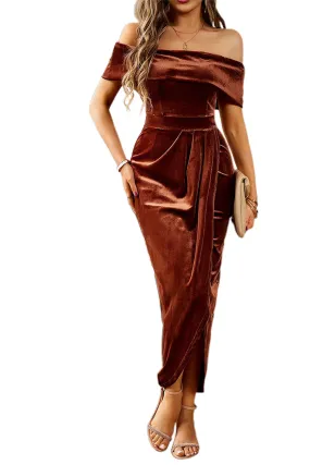 Women's Velvet Off Shoulder Pleated Wrap Evening Dress